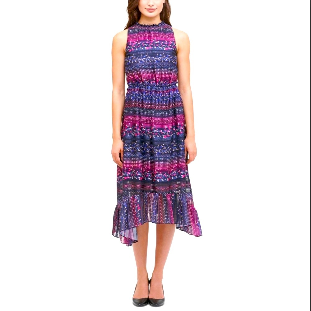 NWT Kensie 4 multicolor purple navy red stripe midi maxi ruffle shark bite new 4